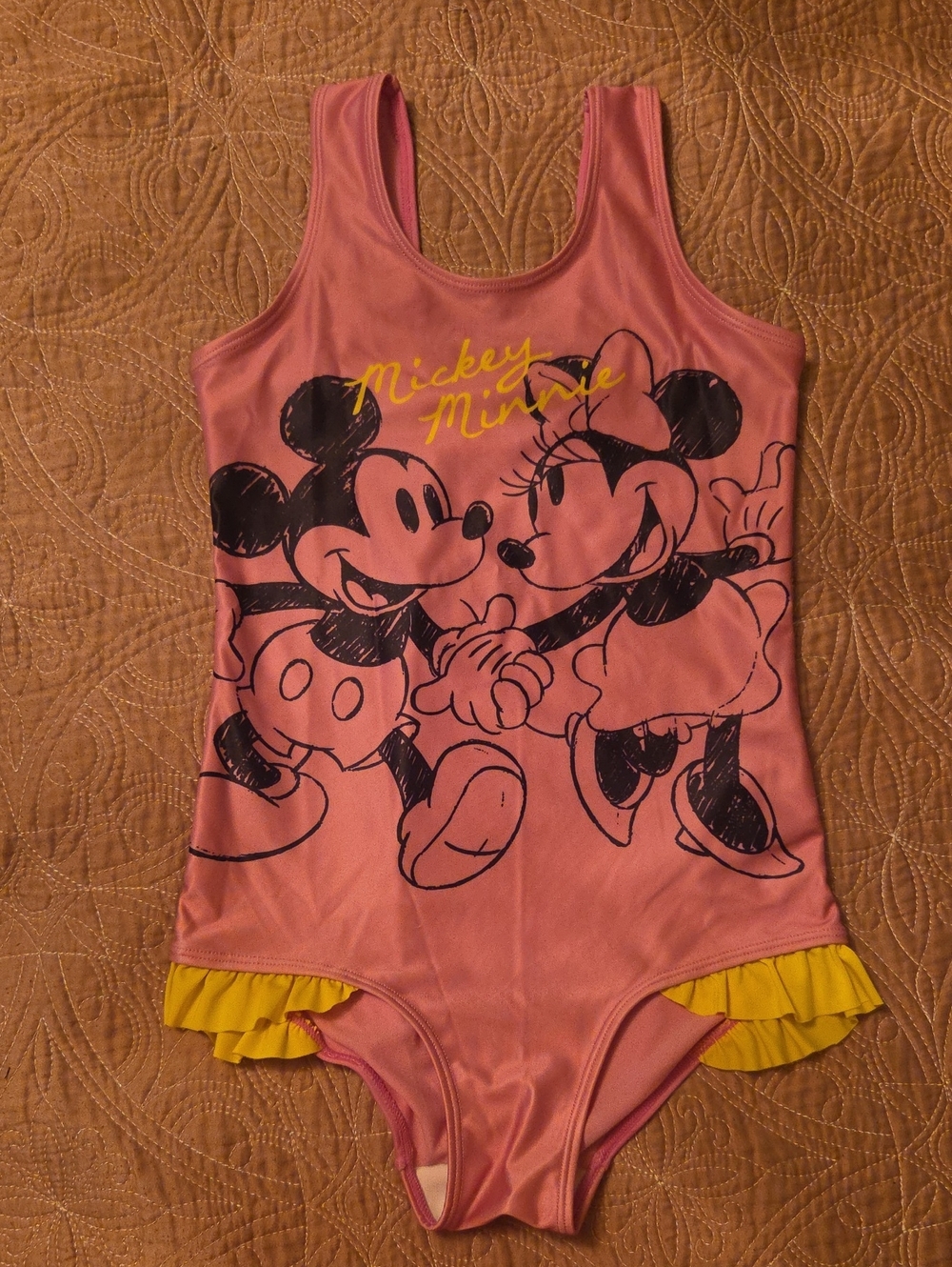 Disney Pink Mickey And Minnie Kids One-Piece Swimsuit with Yellow Ruffle Trim